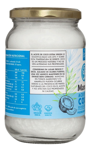 Aceite De Coco Orgánico Manare 500ml Prensado En Frio