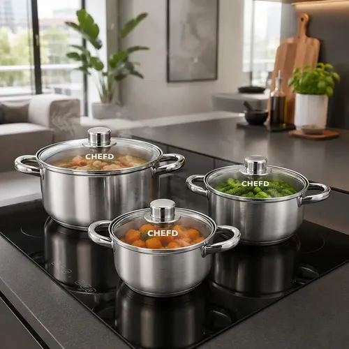 Jogo De Panelas Aço Inox 6 Peças Indução Tampa De  Vidro 3 Panelas Com 3 Tampas 16 18 20 Cm Cozinha Saudável Fundo Triplo Fácil Limpeza Durável Chef D Prateado