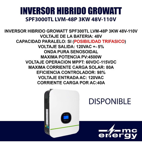 Inversor Hibrido Growatt 48p 3kw 48v-110v