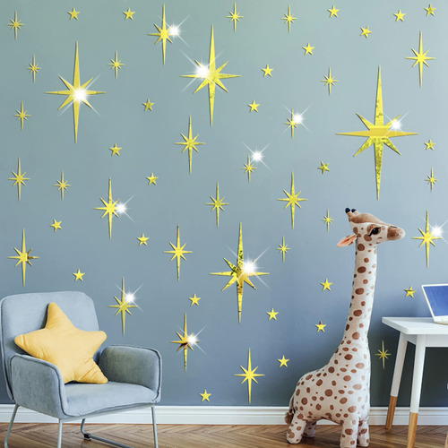 Calcomanias De Pared 3d Estrellas Espejos Dorados Adhesivas