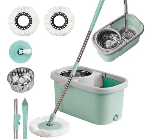 Mop Giratório Remova Sujeira Balde 12l​ Esfregão Cabo 130cm Cesto Inox Com Refil Fácil Limpeza Eficiente Completo Uso... Verde