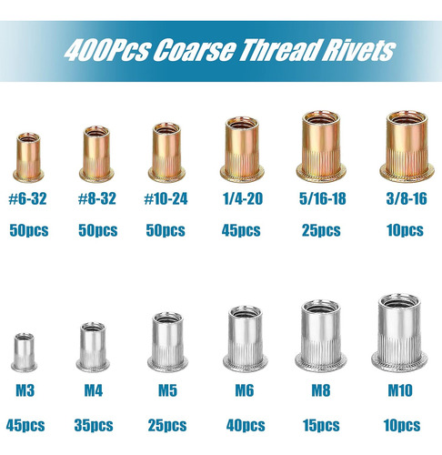Kit De 400 Tuercas Remachables, Sae Y Métricas Surtidas Tuer