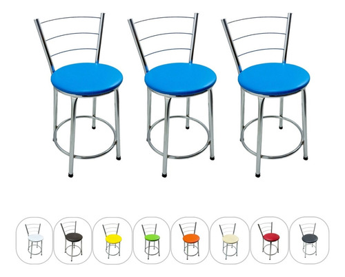 Kit 3 Banquetas Baixa Cromada 49cm Redonda Bancada Bistrô Acabamento Da Estrutura Cromado Cor Azul