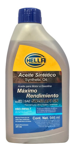 Aceite 5w50 100% Sintetico Api Sn 1 Litro Hella