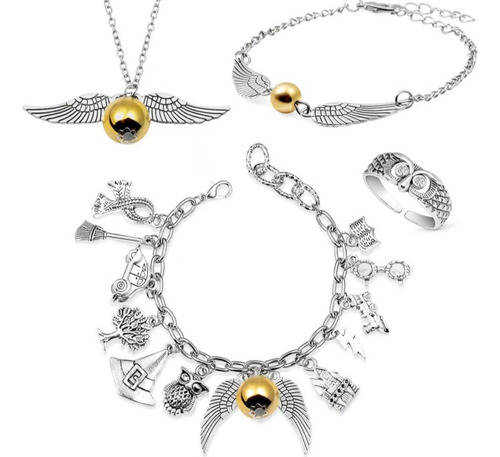 Juego De 4pzs De Joyas De Harry Potter Collar+pulsera Snitch