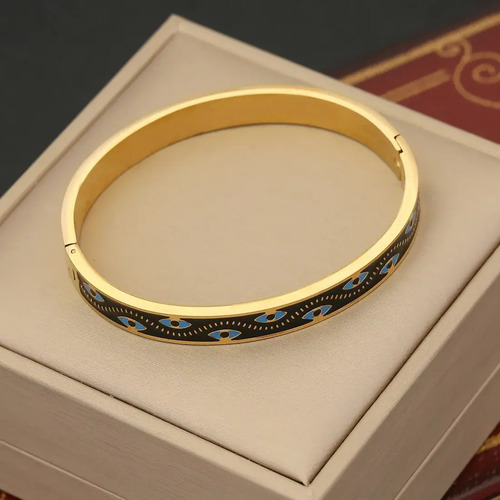 Pulsera Acero Dorado Esmaltada Arte Negro Desfile Ojos Eg