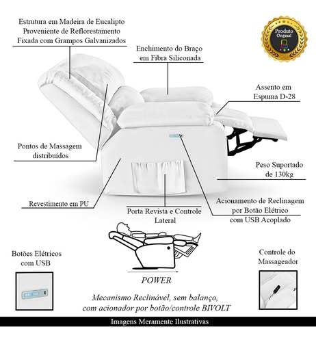 Poltrona Reclinável Elétrica Touch Massagem Usb Pu Branco