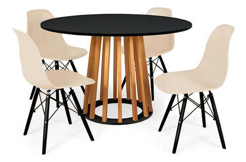 Mesa Jantar Talia Preta 120cm + 4 Cadeiras Eiffel Base Preta Cor Nude