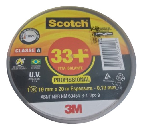 Fita Isolante 19mmx20m Preta 33+ Scotch 3m Kit C/10un