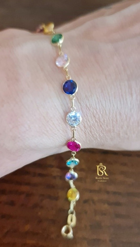 Pulseira De Ouro 18k Reforçada Com 15 Pedras Redondas Com Nf