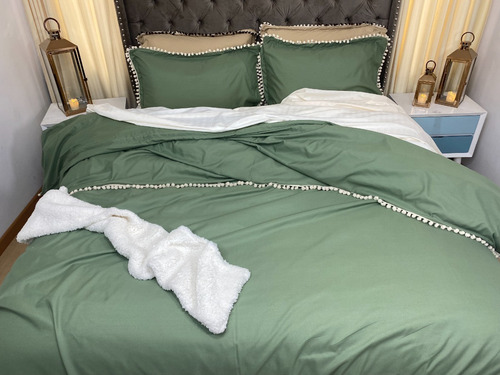 Imagen 2 de 4 de Funda Para Plumón Tipo Duvet Sencillo Borlas Verde Oliva