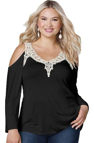 Blusa Feminina Plus Size Manga Flare Renda Guipir Peplum