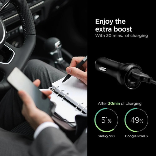 Cargador Ultra Rapido Auto Dual Spigen Para Samsung iPhone