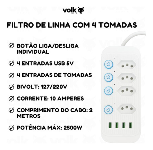 Extensão Filtro De Linha 4 Tomadas + 4 Usb Com 2m 110/220v Branco
