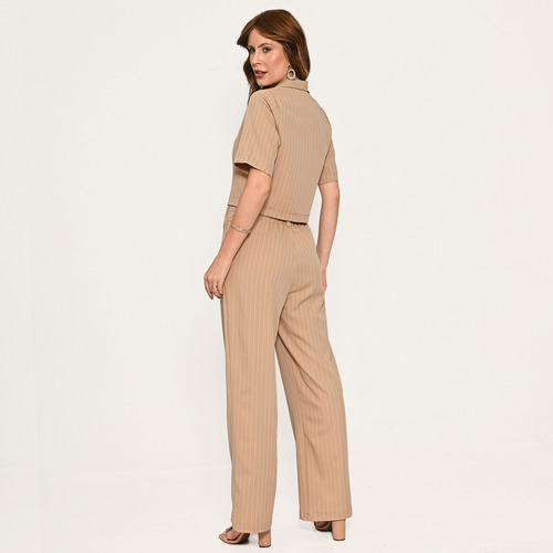 Conjunto Bisô Camisa E Calça Alfaiataria Risca De Giz Bege