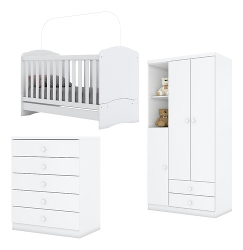 Kit Quarto Infantil Guarda Roupa Cama Berço Cômoda Branco