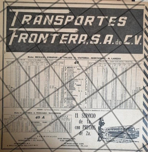 Afiche Antiguo Transportes Frontera Itinerario 1950s