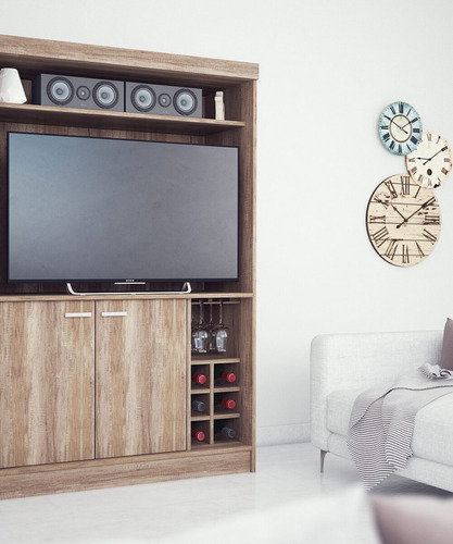 Modular P- Tv Led 65 Con Bodega- Bristol Dl 861- 180-160-50 Color Roble Termo Negro- Roble Nebraska Gris- Fineline Crema