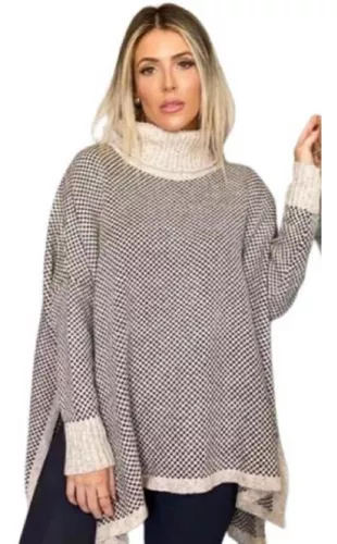 Blusa Poncho Tricot Gola Alta Xadrez Geométrico Moda Inverno