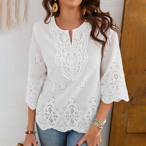 Camisa De Manga De Encaje Con Cuello En V Para Mujer