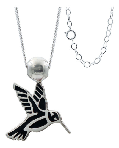 Collar Ajustable Colibri Esmaltado Mujer Plata 925 Color Negro