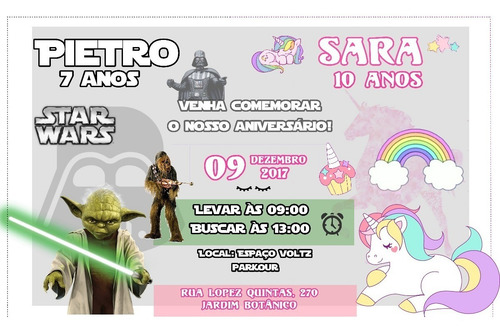 Imagem 1 de 1 de Arte Convite Digital Duplo - Star Wars E Unicórnio 2 Temas