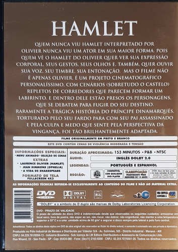 Dvd Hamlet Shakespeare Laurence Olivier Impecável Original