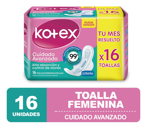 Imagen 1 de 3 de Kotex Toallas Femeninas Cuidado Avanzado Ultrafina X 16 Un
