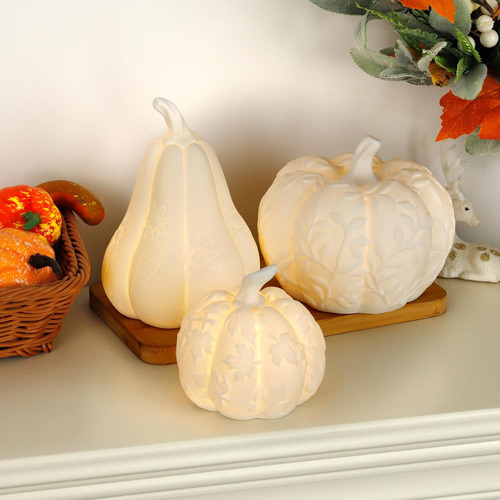 Juego De 3 Calabazas Grandes De Cerámica Con Luz, Calabazas