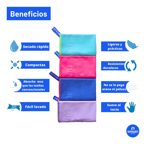 Kit 4 Toallas Microfibra Chicas 40x65cm Secado Rápido Sunwet Color Rosa / Turquesa / Lila / Azul rey Lisa