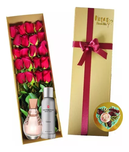 Caja 24 Rosas, Chocolate Y Perfume De Marca Original Hbr