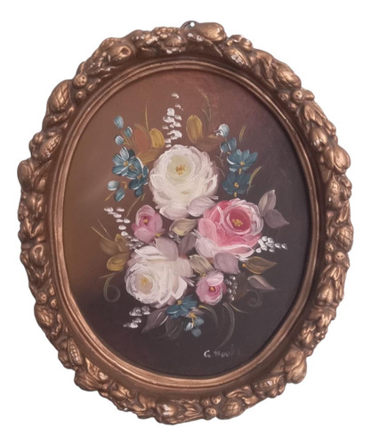 Cuadro Antiguo Pintura Óleo Flores Vintage 50s Marco Dorado
