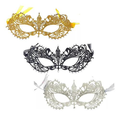3 máscaras de encaje con correa de hilo de colores, 3 piezas con forma de calavera