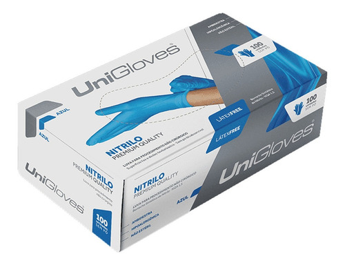 Luvas descartáveis antiderrapantes UniGloves Nitrilica cor azul tamanho  G de nitrilo x 100 unidades 
