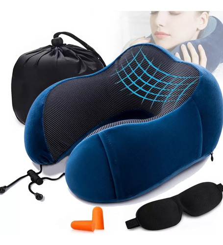 Almohada De Viaje 100% Espuma Viscoelástica Cuello Azul