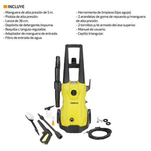 Imagen 7 de 9 de Hidrolavadora Eléctrica Femmto Alta Presion 1800w + Cepillo Color Amarillo y Negro Frecuencia 50 Hz