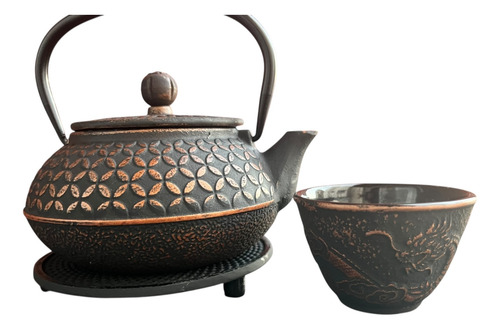 Tetera Hierro Sakura+posa Tetera+1cuenco Enlozado Infusor Negro Con Cobre