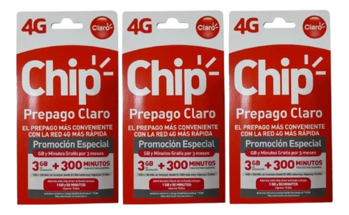 Chip Claro Prepago Carga Inicial 1gb + 50 Min 4g Pack 3 Chip