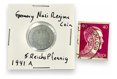 Estampilla Hitler + Moneda 5 Pfennig 1941 A Swastika Alemán