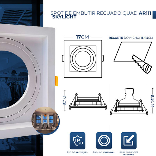 Spot De Embutir Recuado Ajustável Quadrado Ar111 Gu10 Cor Branco 127/220V
