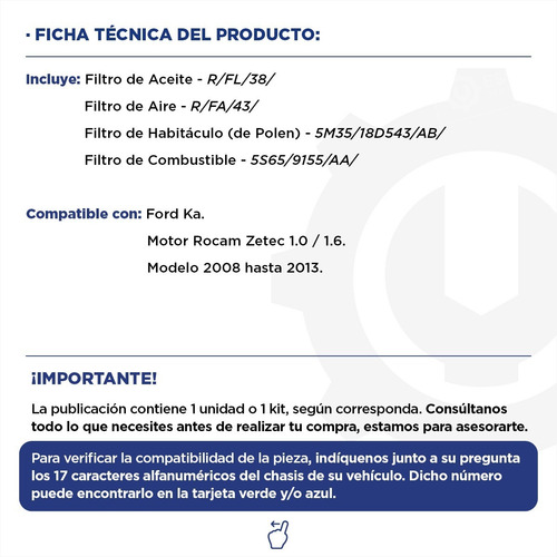 Imagen 2 de 9 de Kit 4 Filtros Completo Ford Ka Rocam 1.0 1.6 08/13 Original