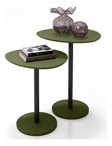 Conjunto Mesa Lateral Monopé Orgânica Em Mdf Pés De Aço Cor Verde