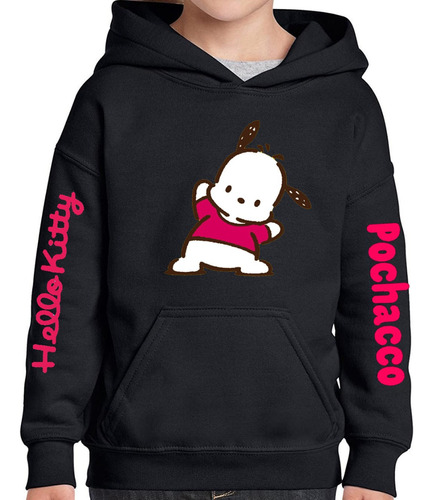 Buzo Canguro Hoodie Negro Hello Kitty- Pochacco- Mangas 