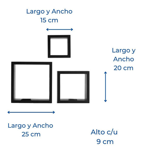 Set De 3 Repisas Flotantes Minimalista Cuadrado Decora Hogar Color Negro