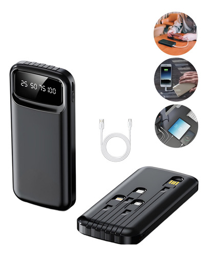 Power Bank Carregador Carga Rápida Com 4 Fios Carga 20000mah Cor Preto