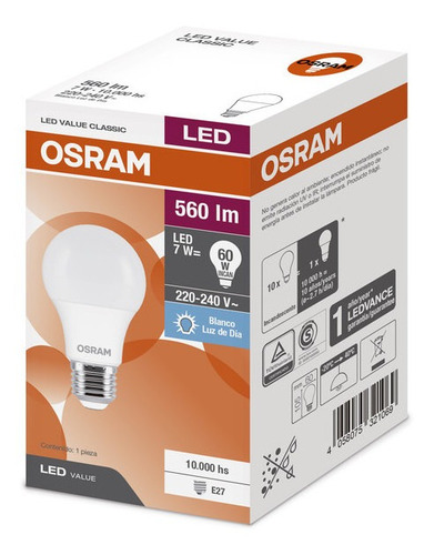 Imagen 2 de 5 de Lámpara Foco Led Osram 7w Luz Fria E27 Pack X 10