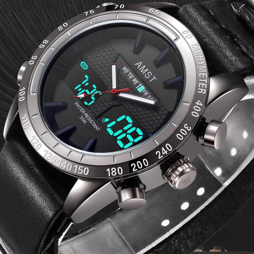 Relógio Esportivo Militar Pulseira De Couro Digital Amst