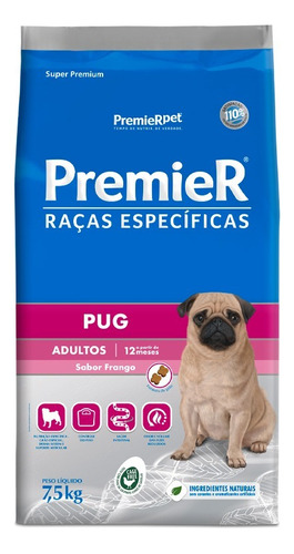 Premier Raça Específica Pug Cão Ad Sabor Frango 7,5kg