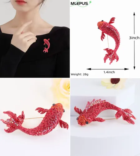 Broche De Carpa De Pez Koi Rojo Con Diamantes De Imitación,