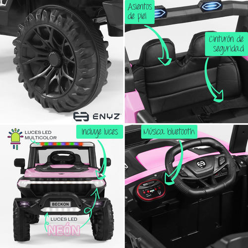 Camioneta Montable Eléctrico Con Control Remoto Para Niña Niño Con Asientos De Piel Carro Todo Terreno Bcx-7 Rosa Delfin Enyz Led Neon Y Muticolor Música Bluetooth Edades De 2 A 5 Años